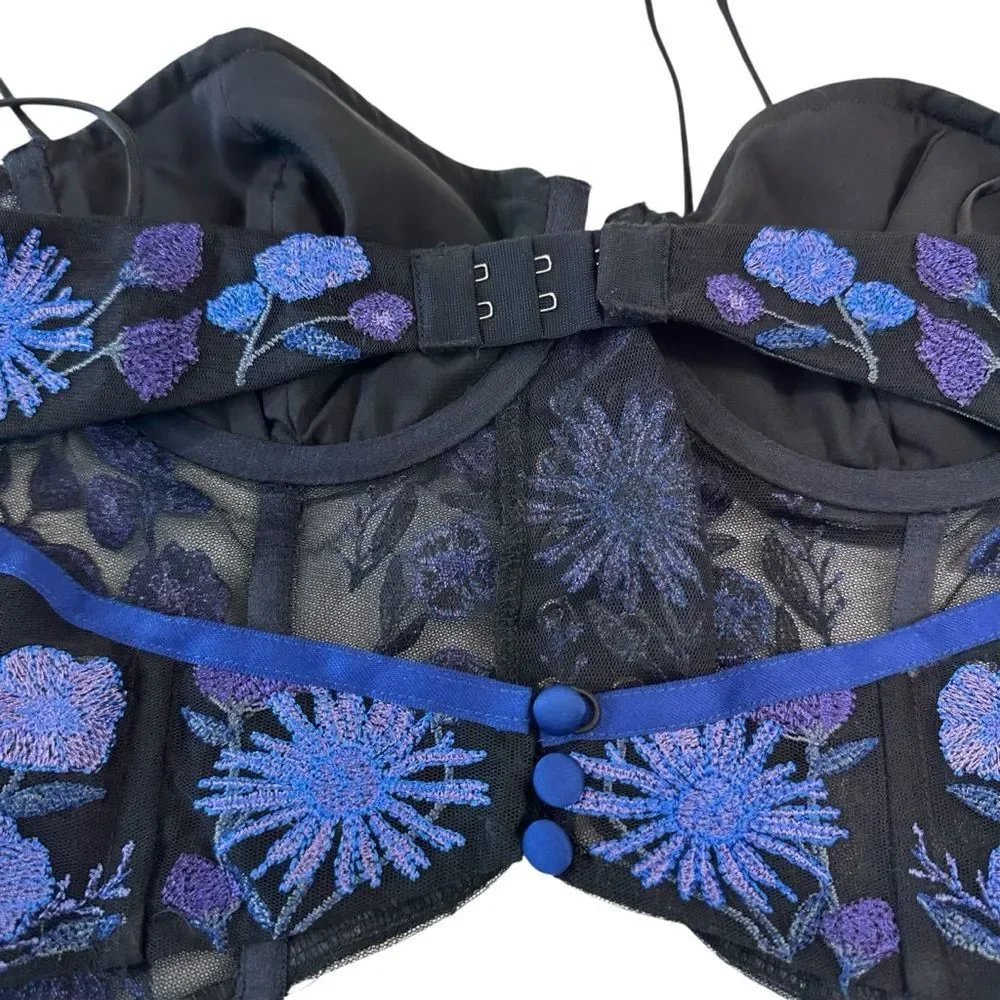 For Love And Lemons Kaylee Crop Top Black and Blue Floral Corset Bra, M - Picture 7 of 11
